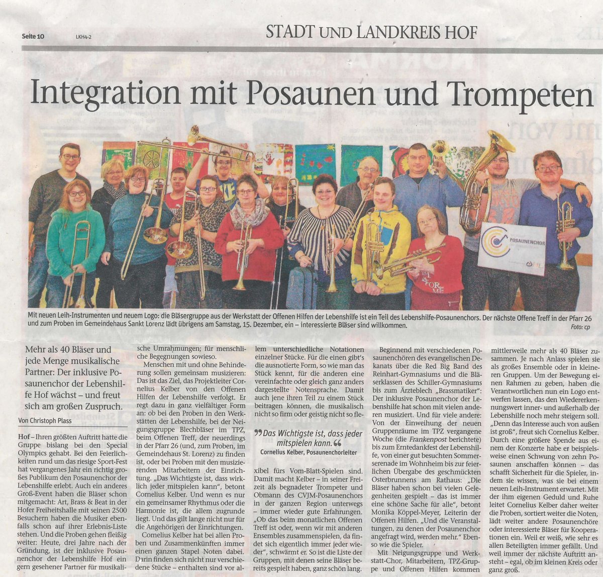 Zu Sehen ist der Zeitungsartikel "Integration mit Posaunen und Trompeten"